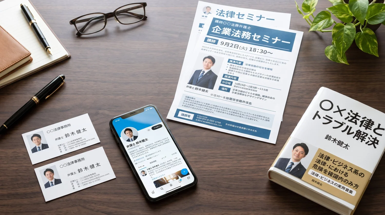 弁護士のプロフィール写真が使われた名刺、スマートフォンのSNS画面、セミナーのチラシ、書籍