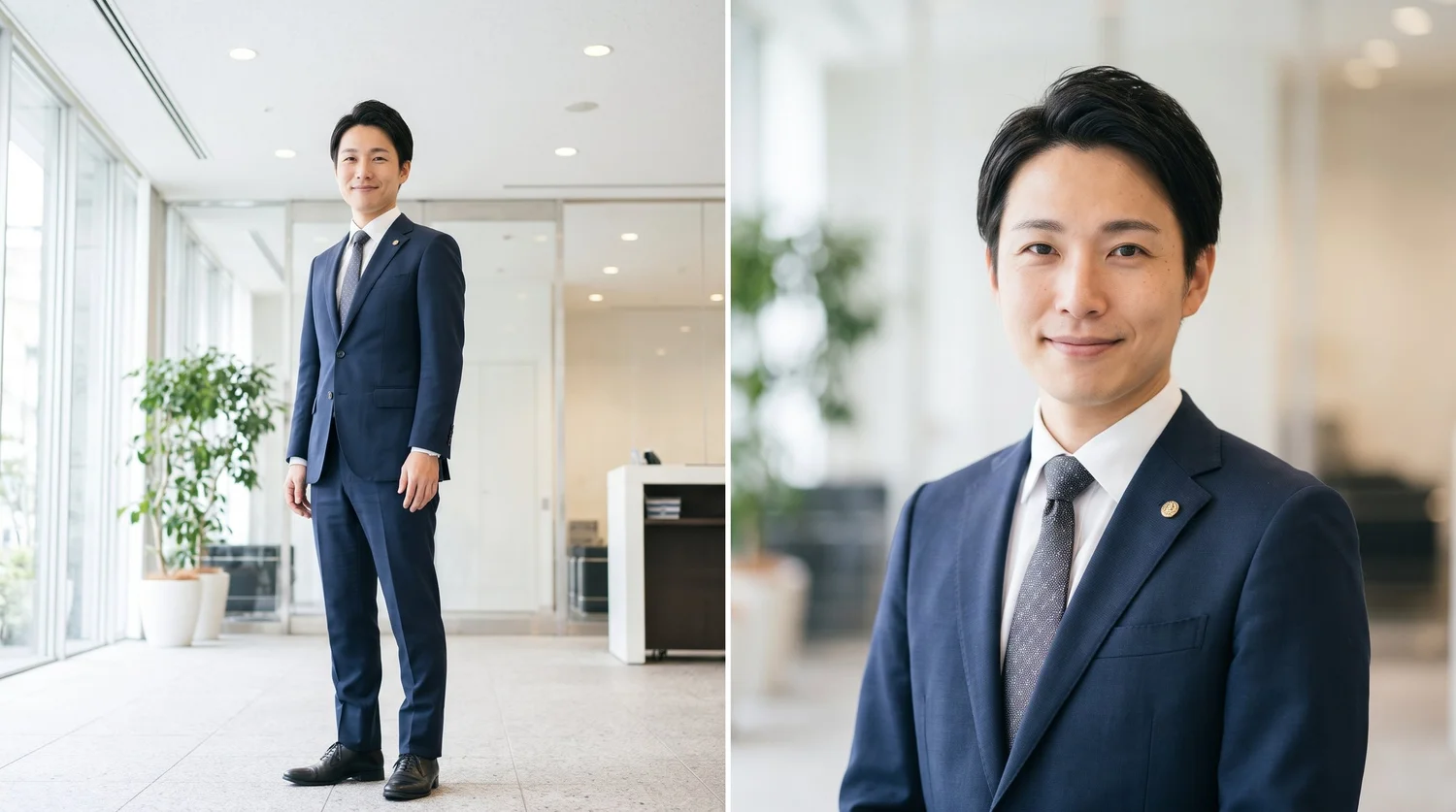 スーツ姿の男性弁護士の全身写真と、別に撮影したバストアップのプロフィール写真の比較
