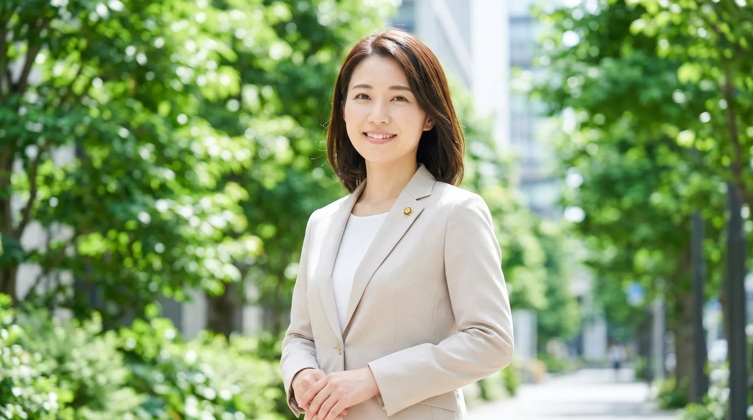 緑の木々を背景に、屋外で柔らかい光の中で微笑む女性弁護士