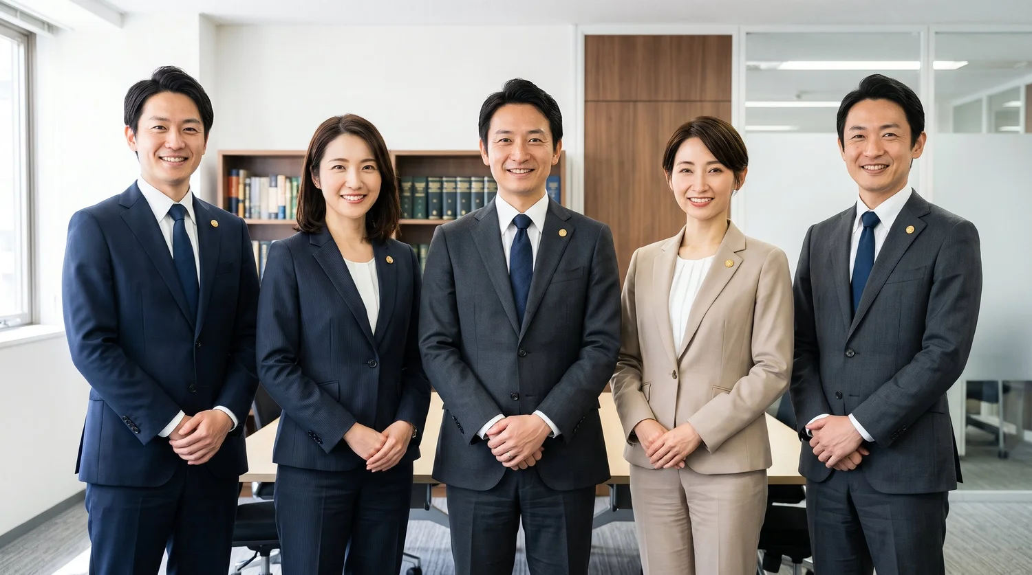 同じ光とトーンで撮影された、法律事務所の弁護士5名の集合写真