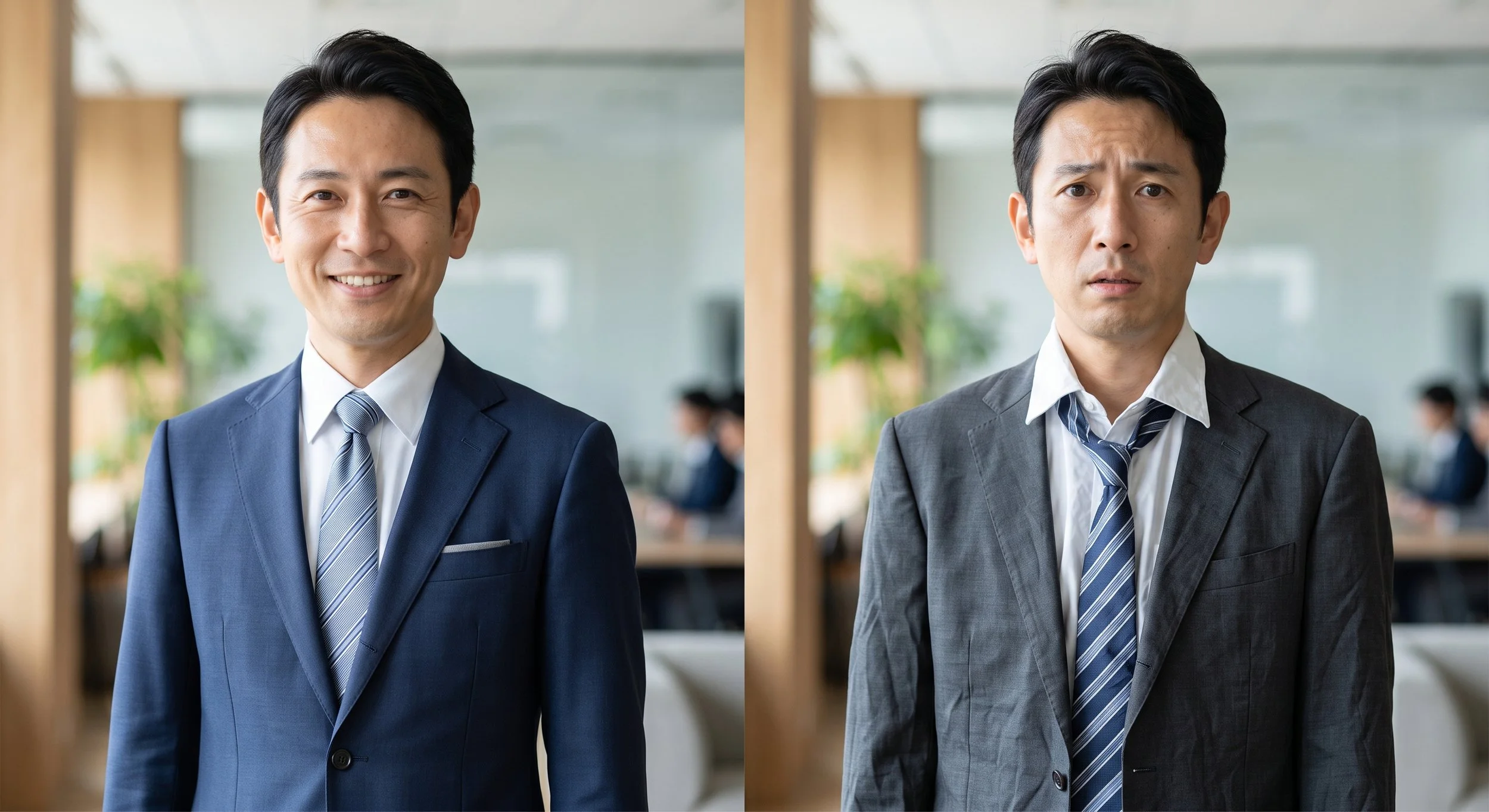 整った服装と乱れた服装のビジネスポートレート比較｜第一印象の違い