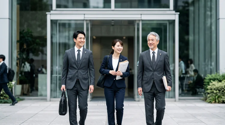 ビルのエントランス前を歩く弁護士3名のイメージ写真