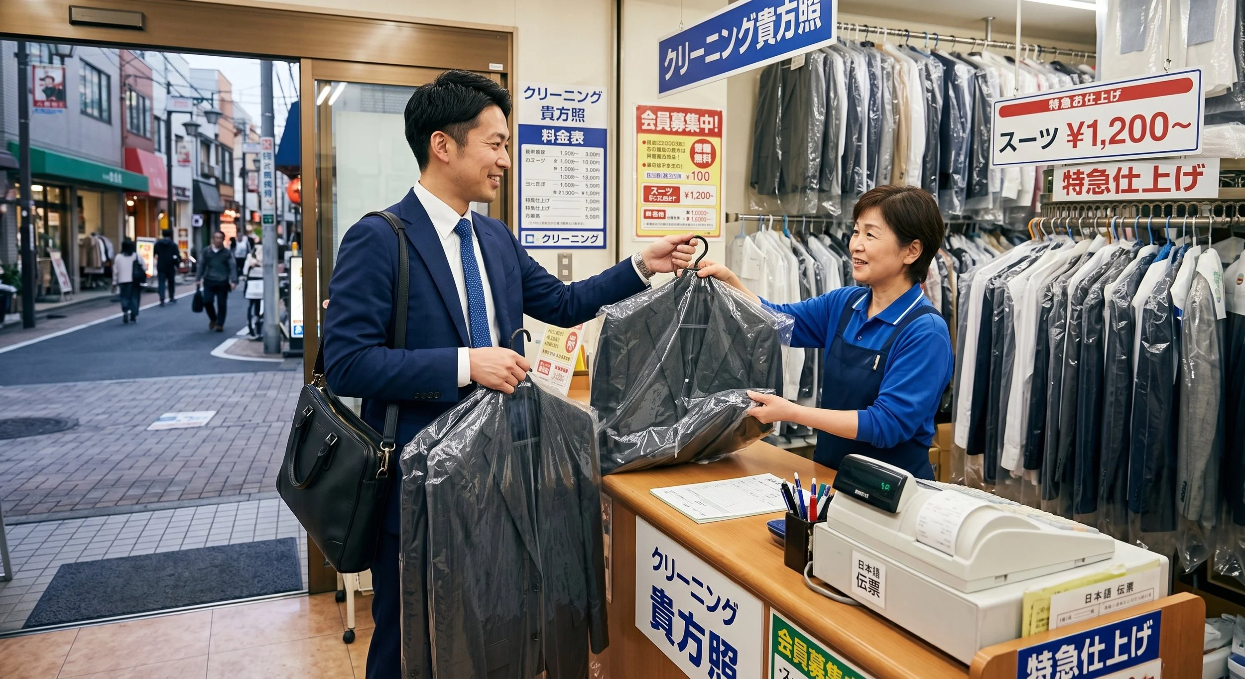 撮影前日にスーツをクリーニングに出して準備している様子