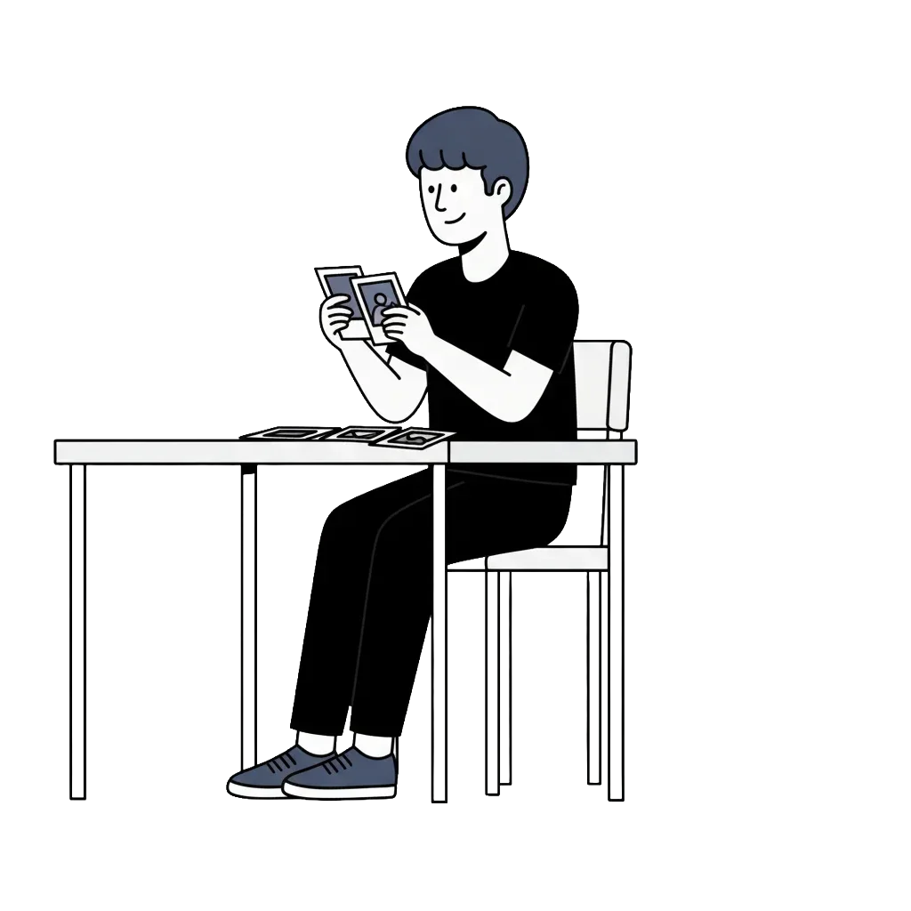 テーブルの上に写真を見ながら考えている若い男性。