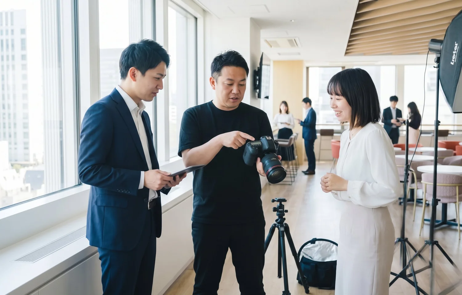 採用写真の撮影現場でカメラマンが担当者と社員に撮影した写真を見せながら確認している様子