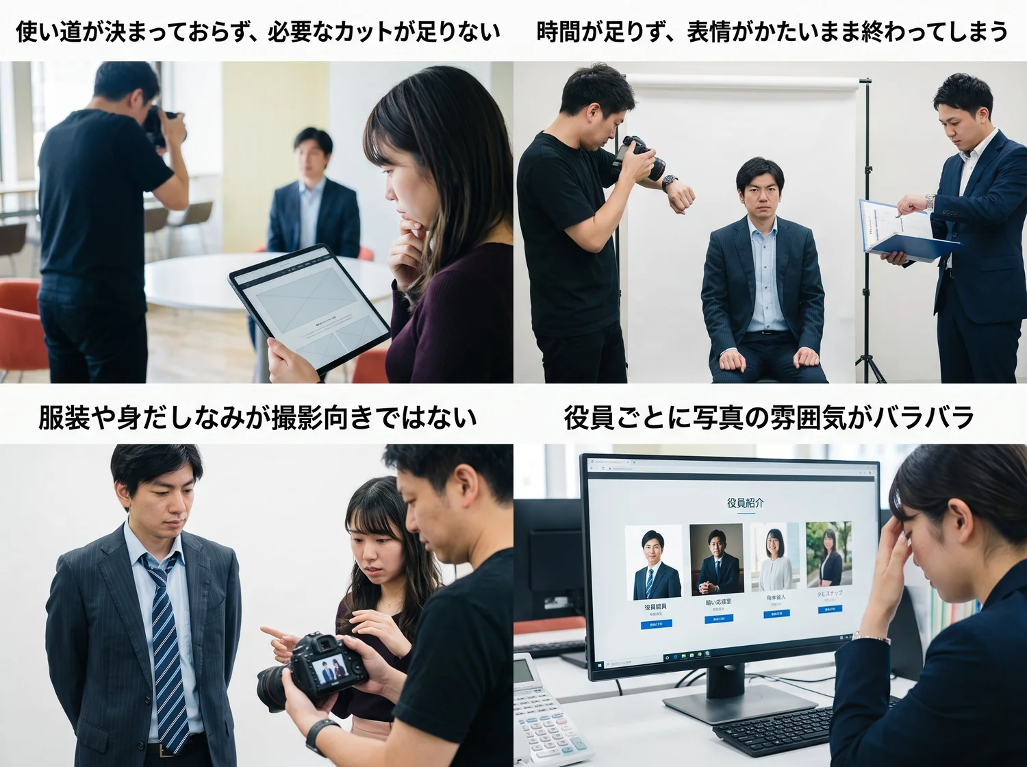 役員のプロフィール写真撮影で多い4つの失敗（必要なカットの不足、時間不足、服装、写真の雰囲気のばらつき）のイメージ