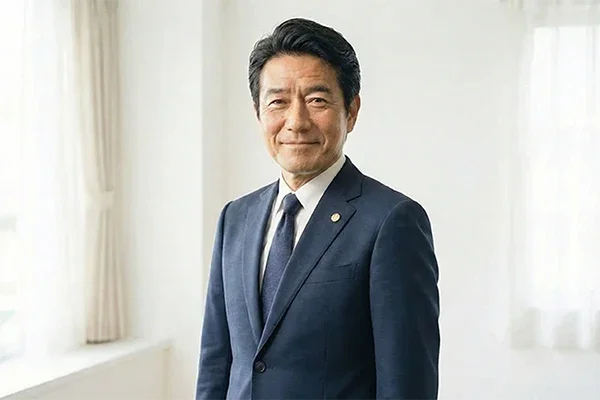 窓際で両腕を下ろして穏やかに微笑む、親しみやすい雰囲気の弁護士のポートレート。自然光を活かした明るい背景で「相談しやすさ」を表現した撮影事例。