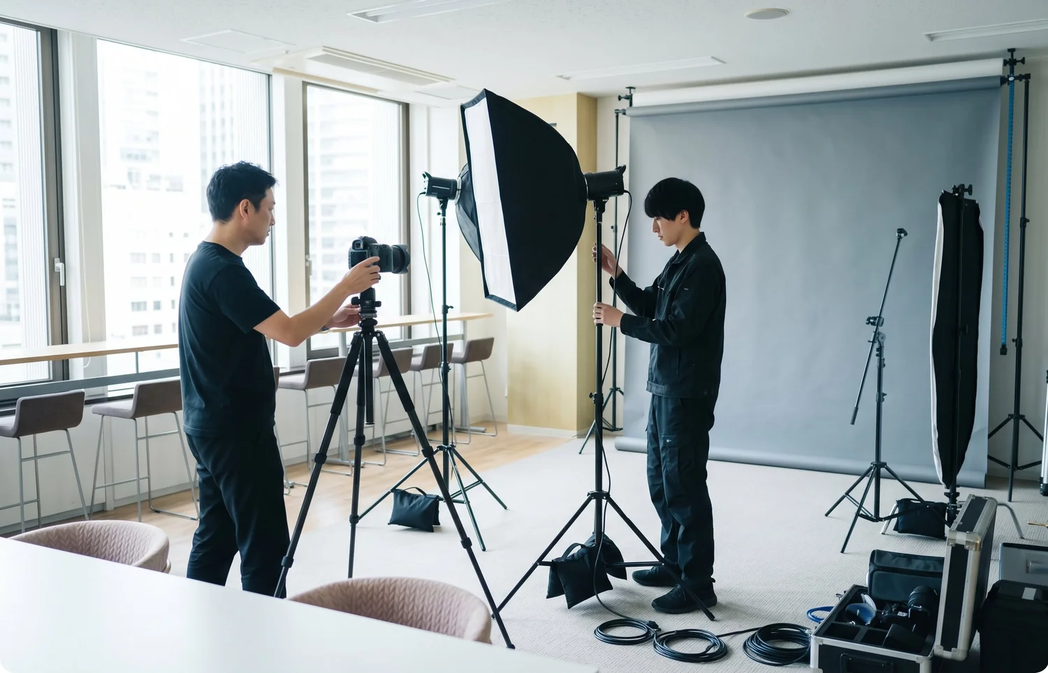 会社の会議室に背景紙とライトを設営して行う企業の出張撮影