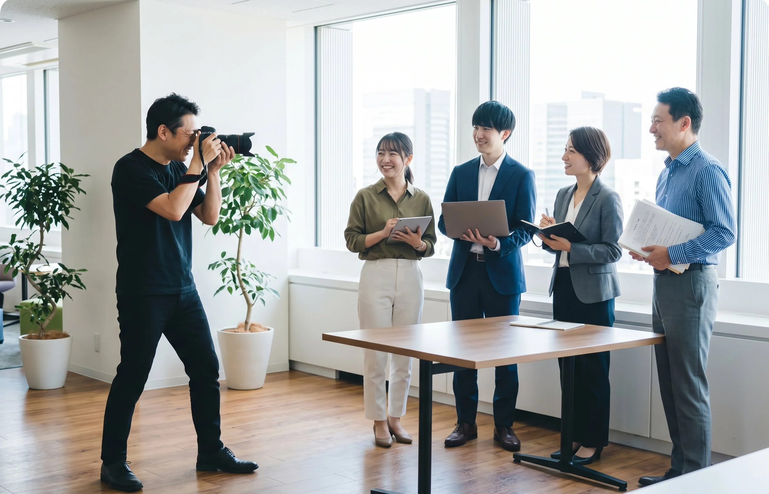 年代や部署の異なる社員をバランスよく撮影する採用写真の撮影風景