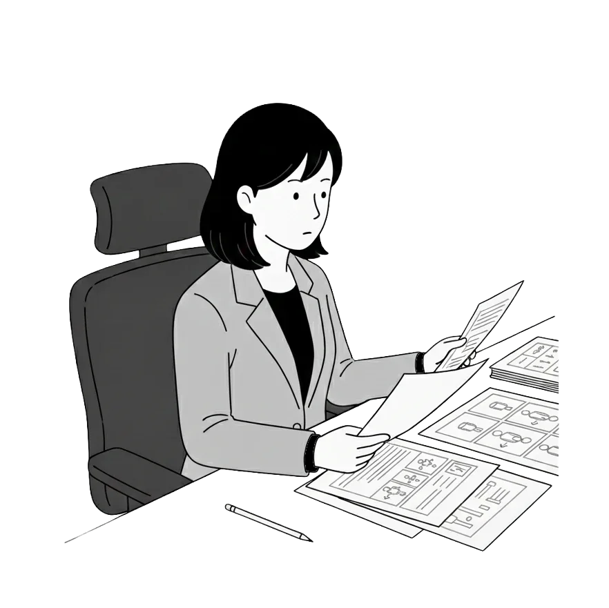 デスクに向かって考え込んでいる女性のイラスト