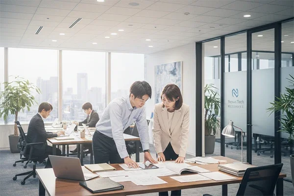 明るく開放的なオフィスで、経験豊富な女性社員と若手男性が和やかに連携し、真剣に業務に取り組む様子。チームワークと成長を重視する企業文化