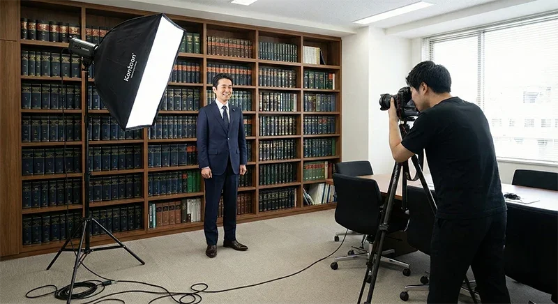 法律事務所の会議室で行われている出張プロフィール撮影の様子。壁一面の本棚を背景に、黒Tシャツを着たプロカメラマンが大型照明機材を用いてスーツ姿の弁護士を撮影しているイメージ。