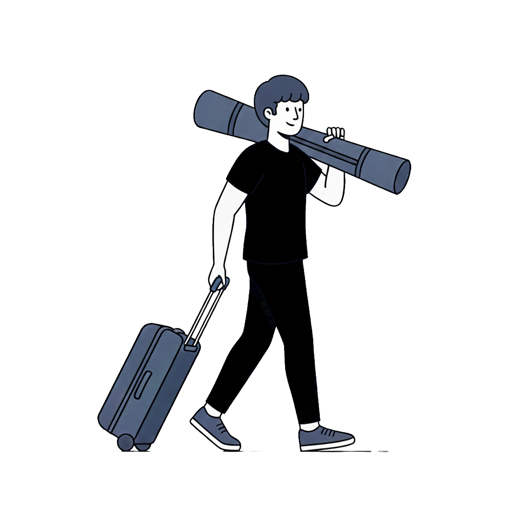 旅行者の男性がキャリーケースを引きながら帰国の準備をしている。背中に長い望遠鏡を肩にかけている。