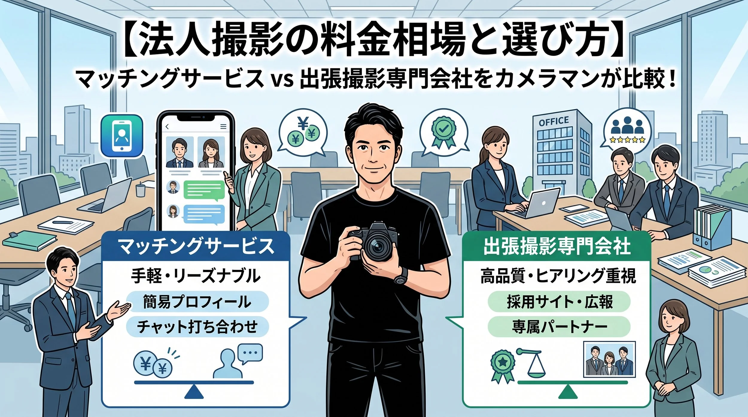 【法人撮影の料金相場と選び方】 マッチングサービス vs 出張撮影専門会社をカメラマンが比較！」というタイトルの、40代男性カメラマンが依頼先を比較しているブログ記事用サムネイル画像。