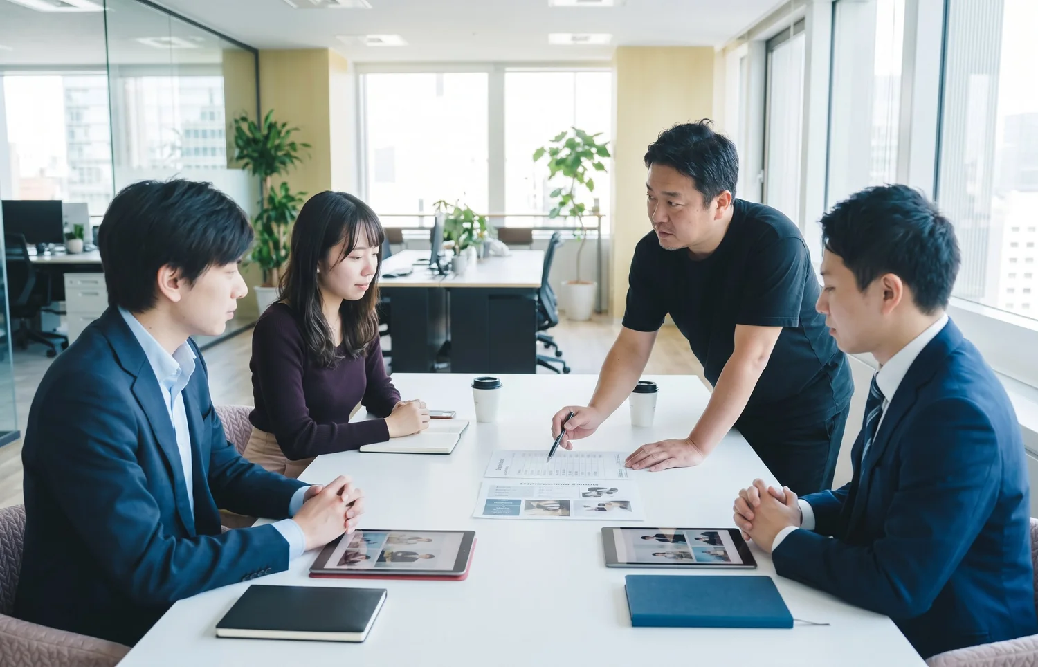 カメラマンが企業の担当者と法人撮影の料金や撮影内容を打ち合わせしている様子