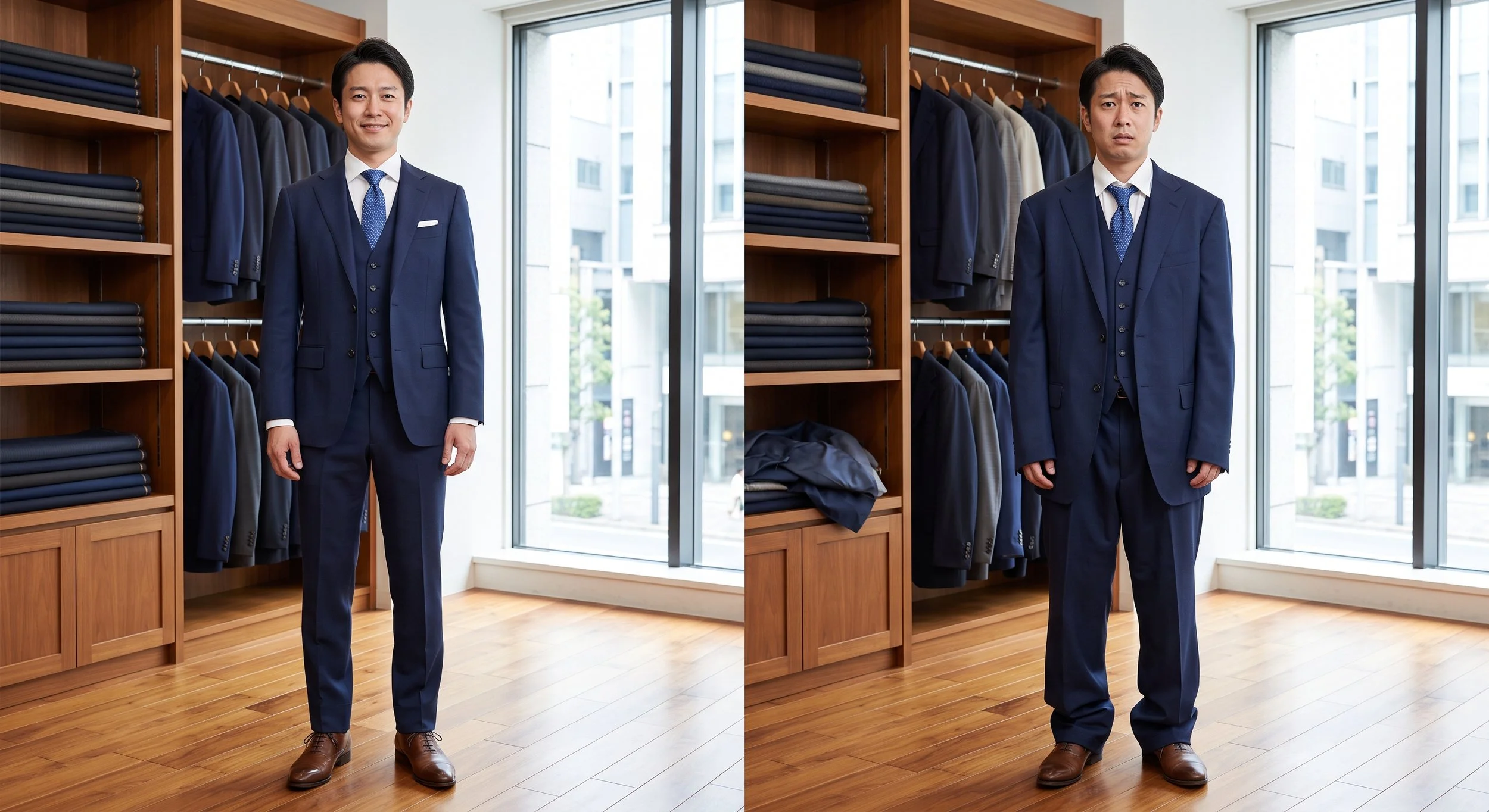 サイズの合ったスーツと合っていないスーツの比較｜肩・袖・着丈のチェックポイント