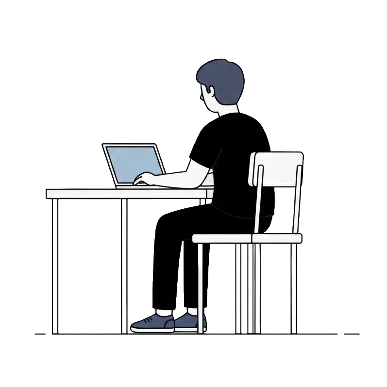 机の上にノートパソコンを使う若い男性のシンプルなイラスト.