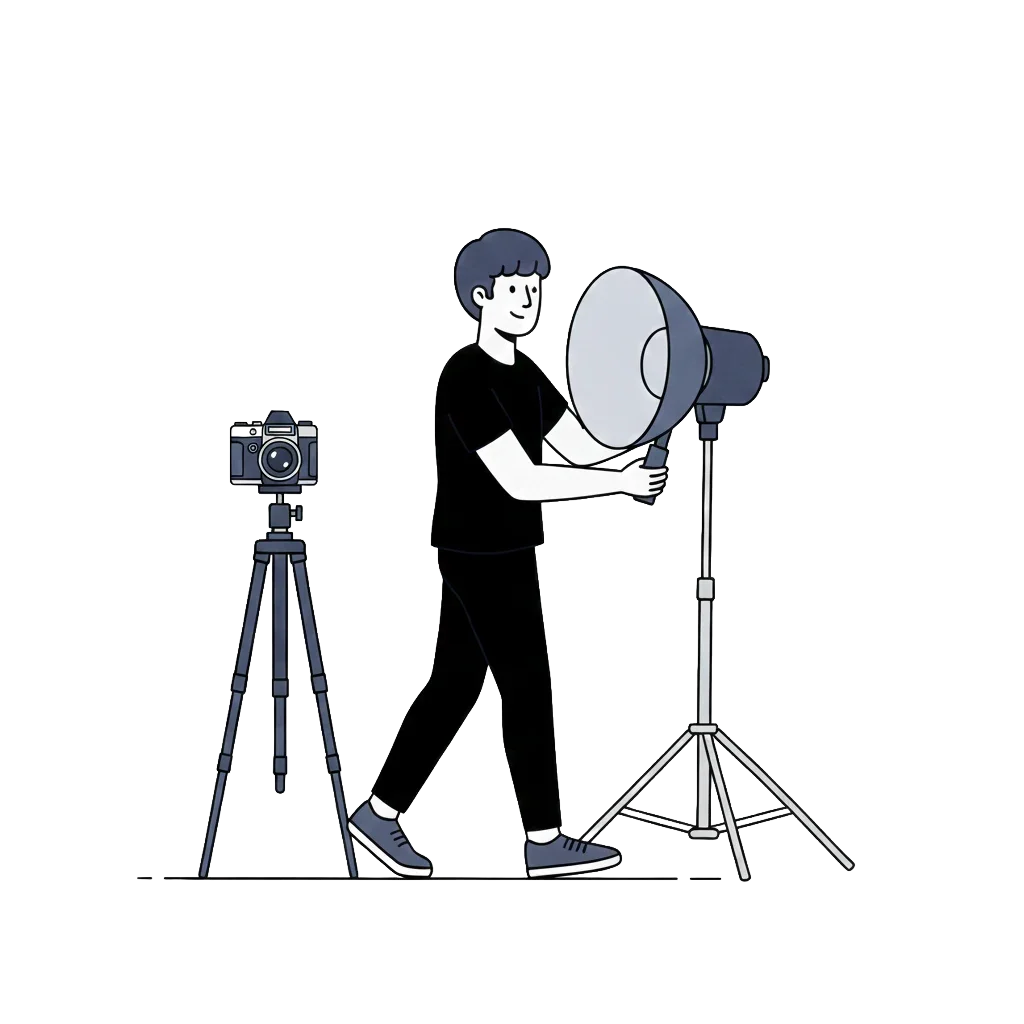 スタジオでカメラと照明を調整する男性のイラスト