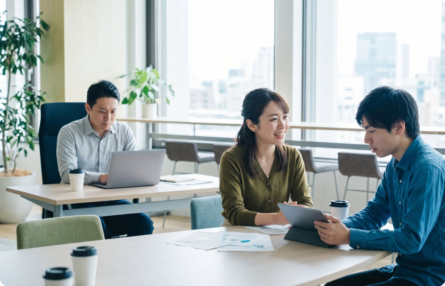 明るいオフィスで社員が自然な表情で働いている様子｜採用サイト用の写真