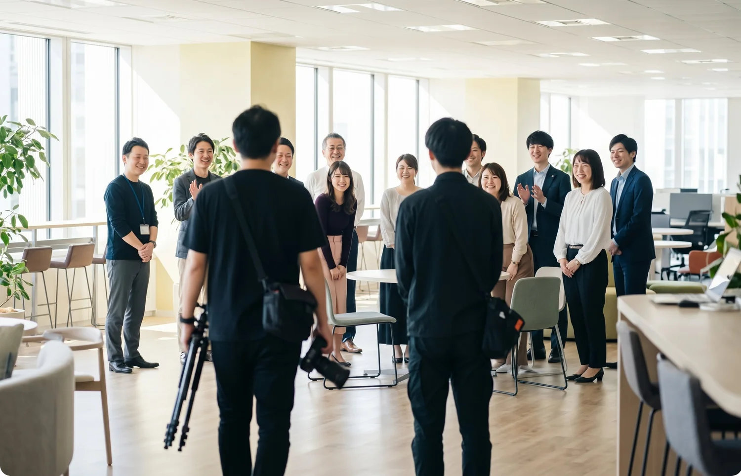 オフィスで社員の皆さんとカメラマンが撮影前に打ち合わせをする様子