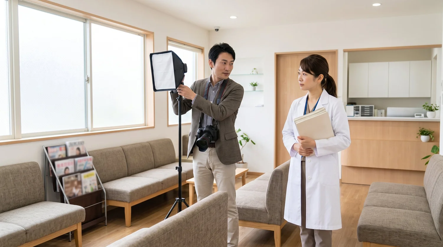 クリニックの待合室で撮影準備をしている様子