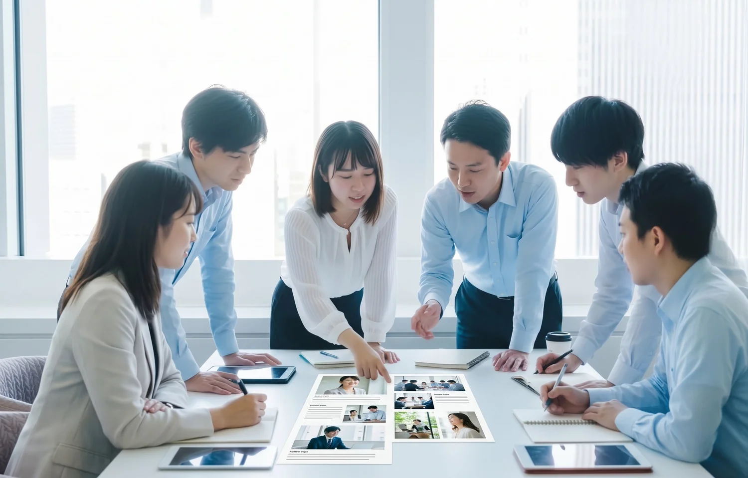 採用サイトに掲載する写真を社員同士で確認している様子｜採用写真の掲載前チェック
