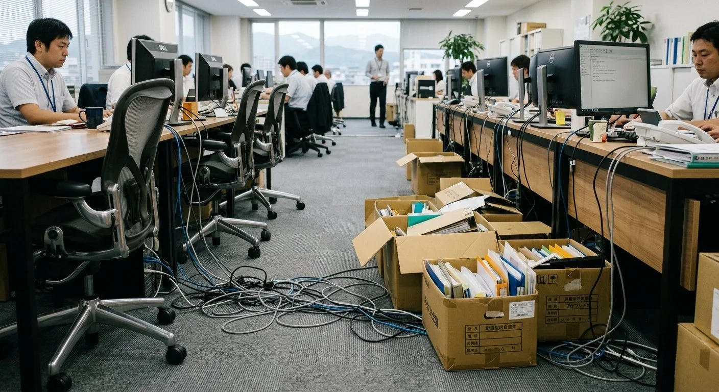 床に配線や段ボールが放置された片付け前のオフィスの様子