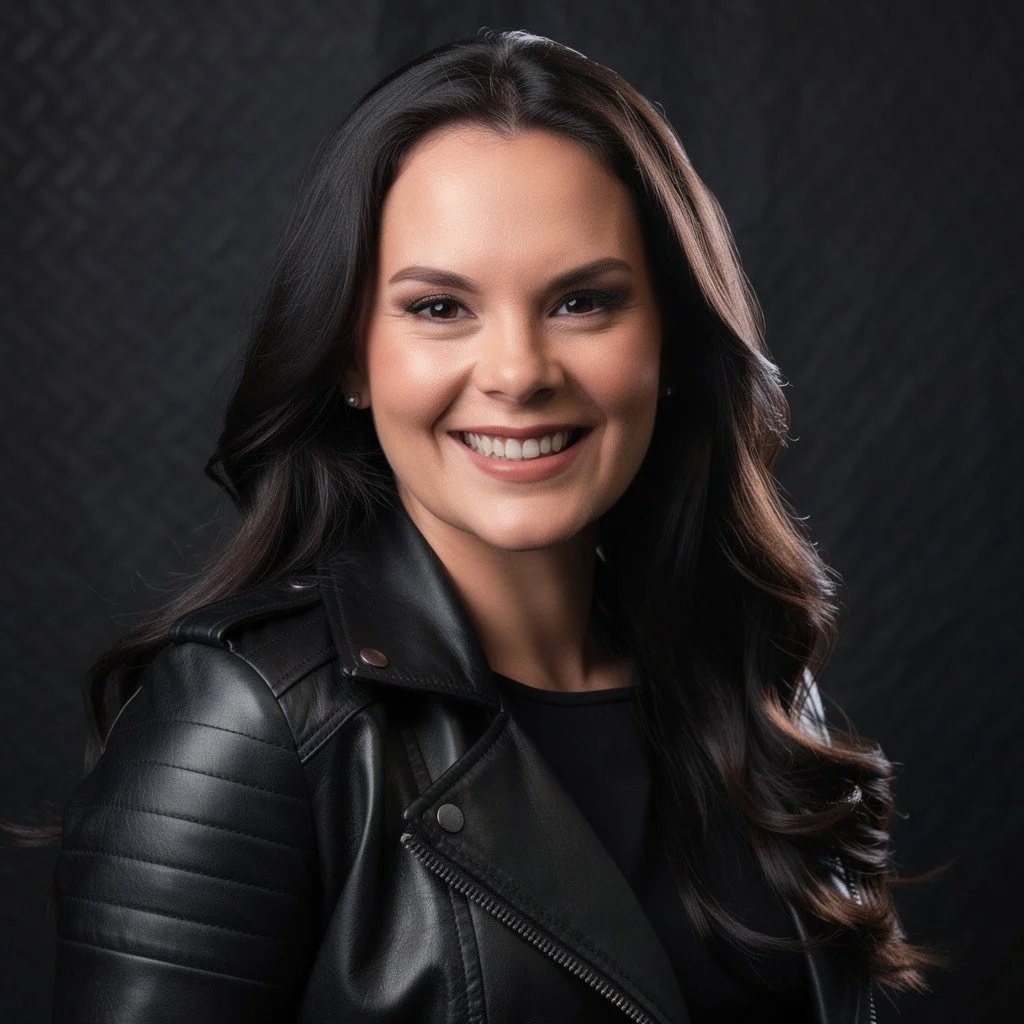A Portrait photo of a Liz Cook Tattoo with dark hair, smiling, wearing a black leather jacket, against a dark background.