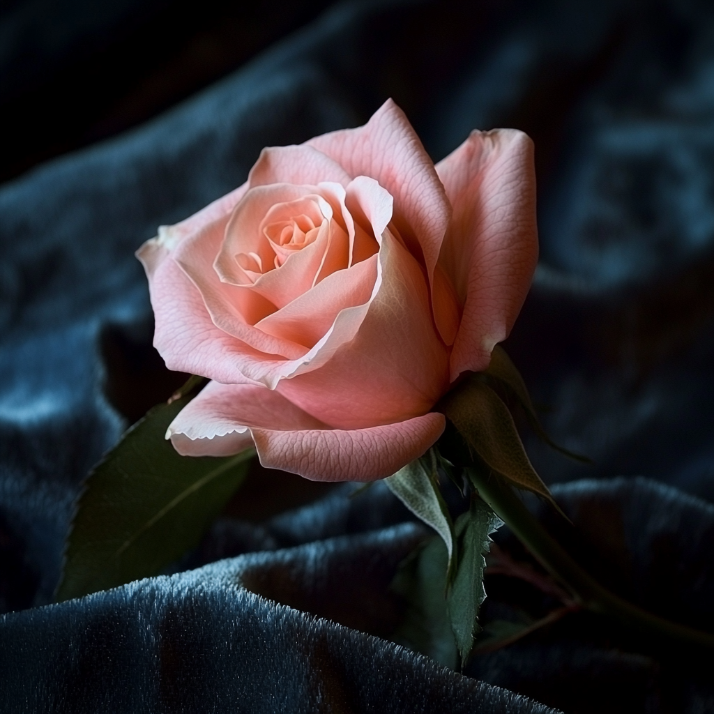 A pink rose with green leaves resting on dark blue velvet fabric.