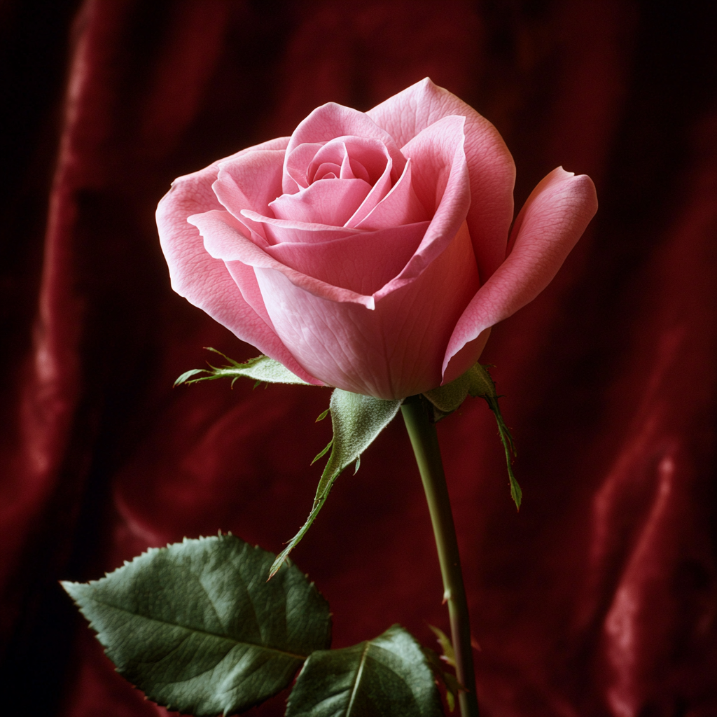 Close-up of a pink rose with a dark red background.