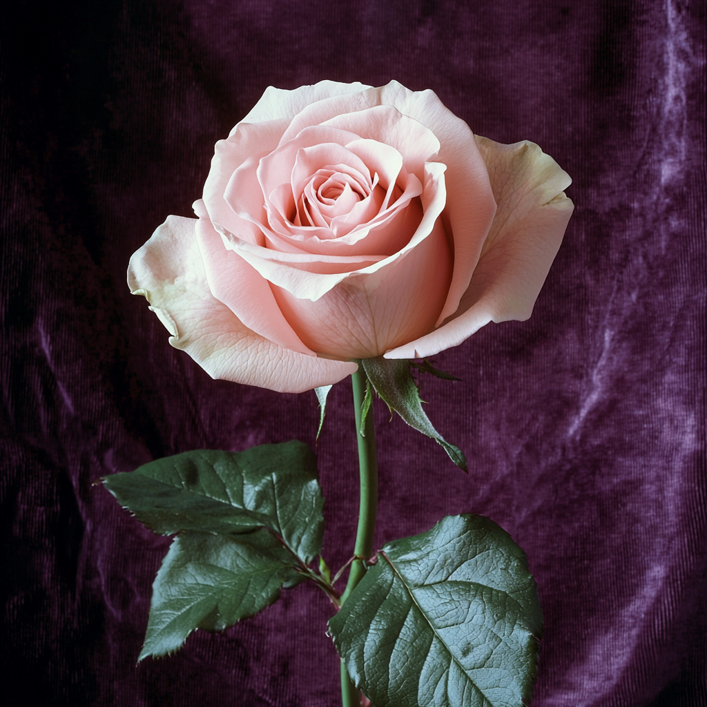 A light pink rose with green leaves against a dark purple, textured background.