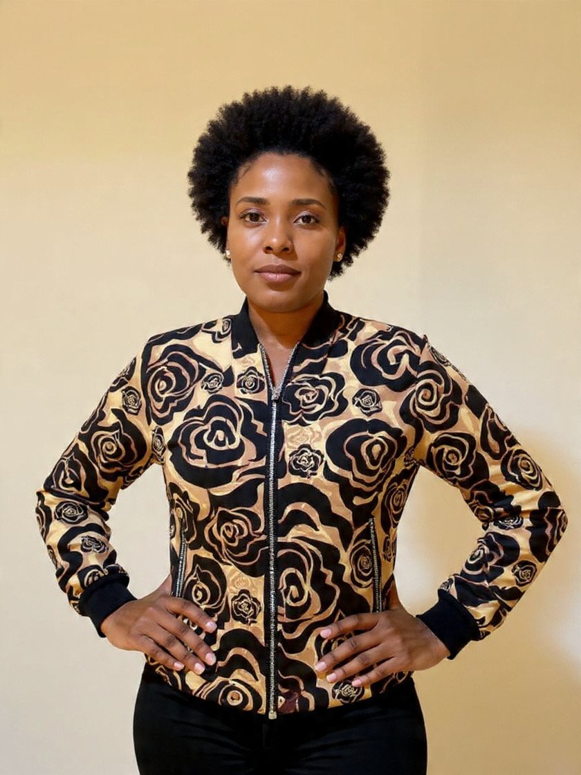Woman with natural afro hair wearing a patterned bomber jacket with black roses design, standing with hands on hips against a plain beige wall.
