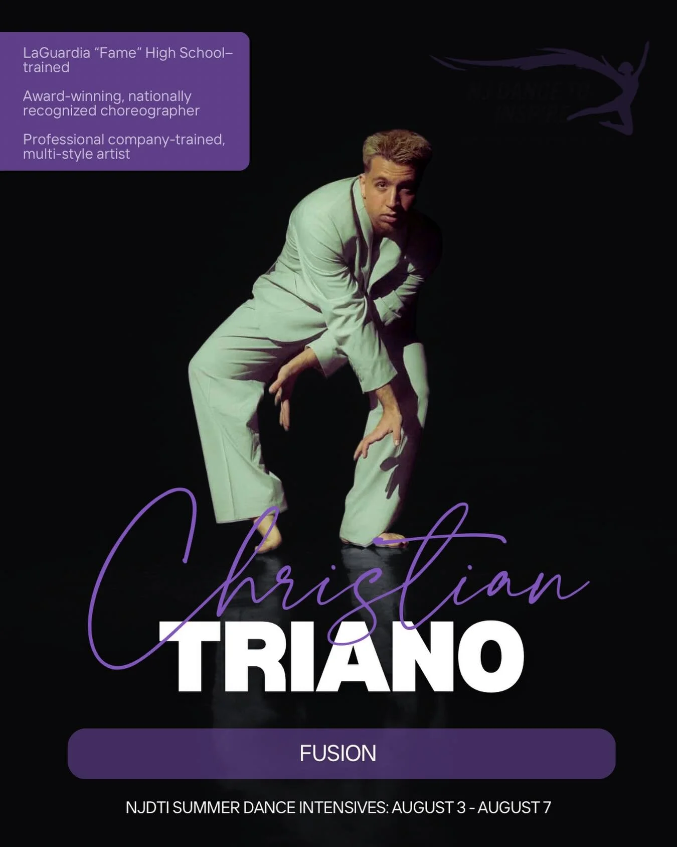🔥 BIG summer news! 🔥
Christian Triano is coming to NJDTI Summer Dance Intensives: August 3&ndash;7 and we cannot wait!

From LaGuardia &ldquo;Fame&rdquo; High School training to an award-winning choreographer and company experience with Nitrogen, C