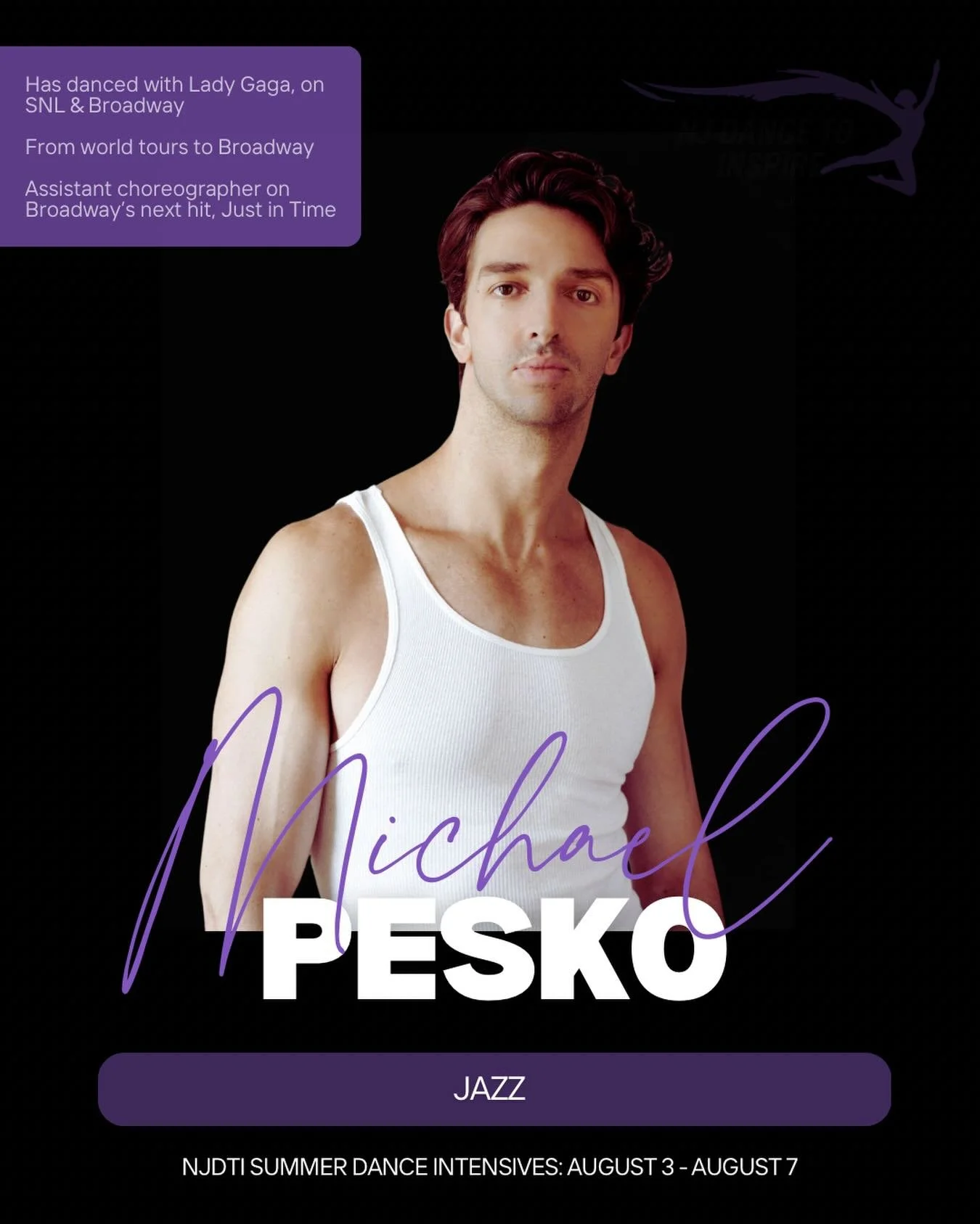BIG NEWS, NJDTI! 🚨

Michael Pesko is coming to our Summer Dance Intensive August 3&ndash;7!

From Lady Gaga&rsquo;s Chromatica Ball World Tour to Broadway and major TV hits, Michael brings real-world professional experience straight to the studio.

