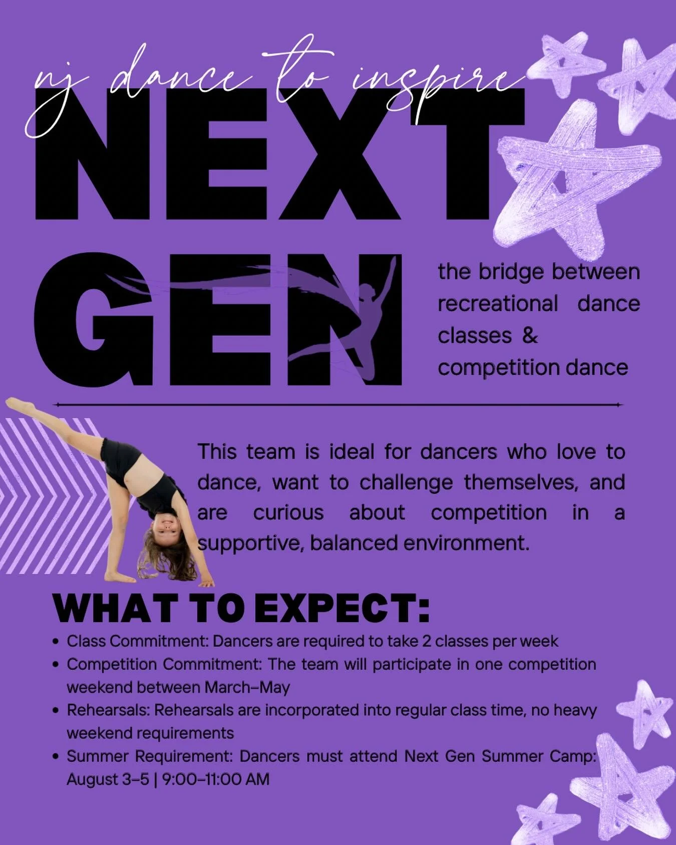 Introducing NJDTI Next Gen Team ✨

A pre-competition team for dancers ready to grow, perform, and experience the excitement of the stage, without the full competition commitment. With just two classes per week and one spring competition, it&rsquo;s t