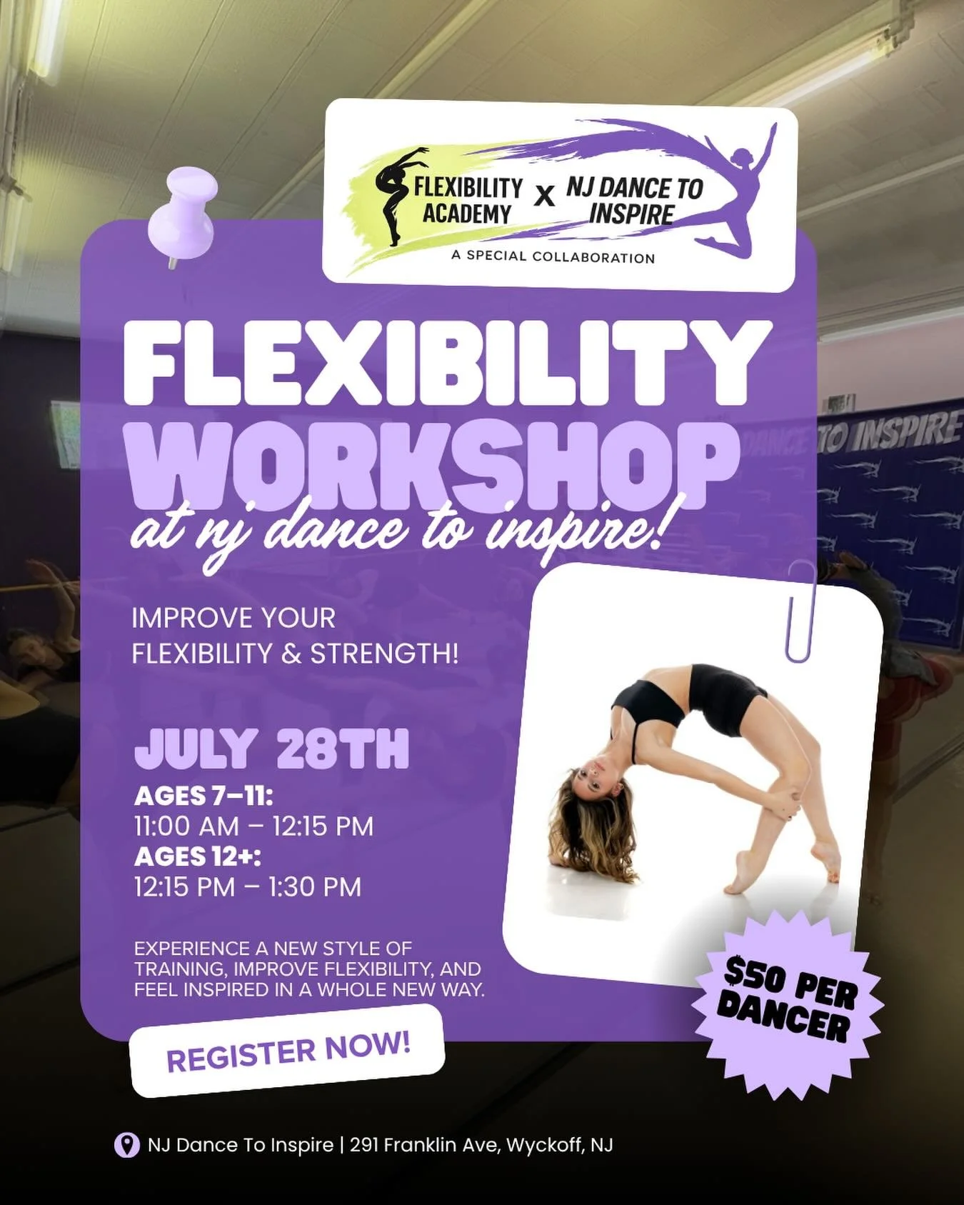 ✨ SPECIAL WORKSHOP ✨

We are so excited to welcome owner Lilly Downs from Flexibility Academy to NJ Dance To Inspire for an incredible workshop experience!

Since 2015, Flexibility Academy has trained over 20,000 athletes worldwide, including nationa