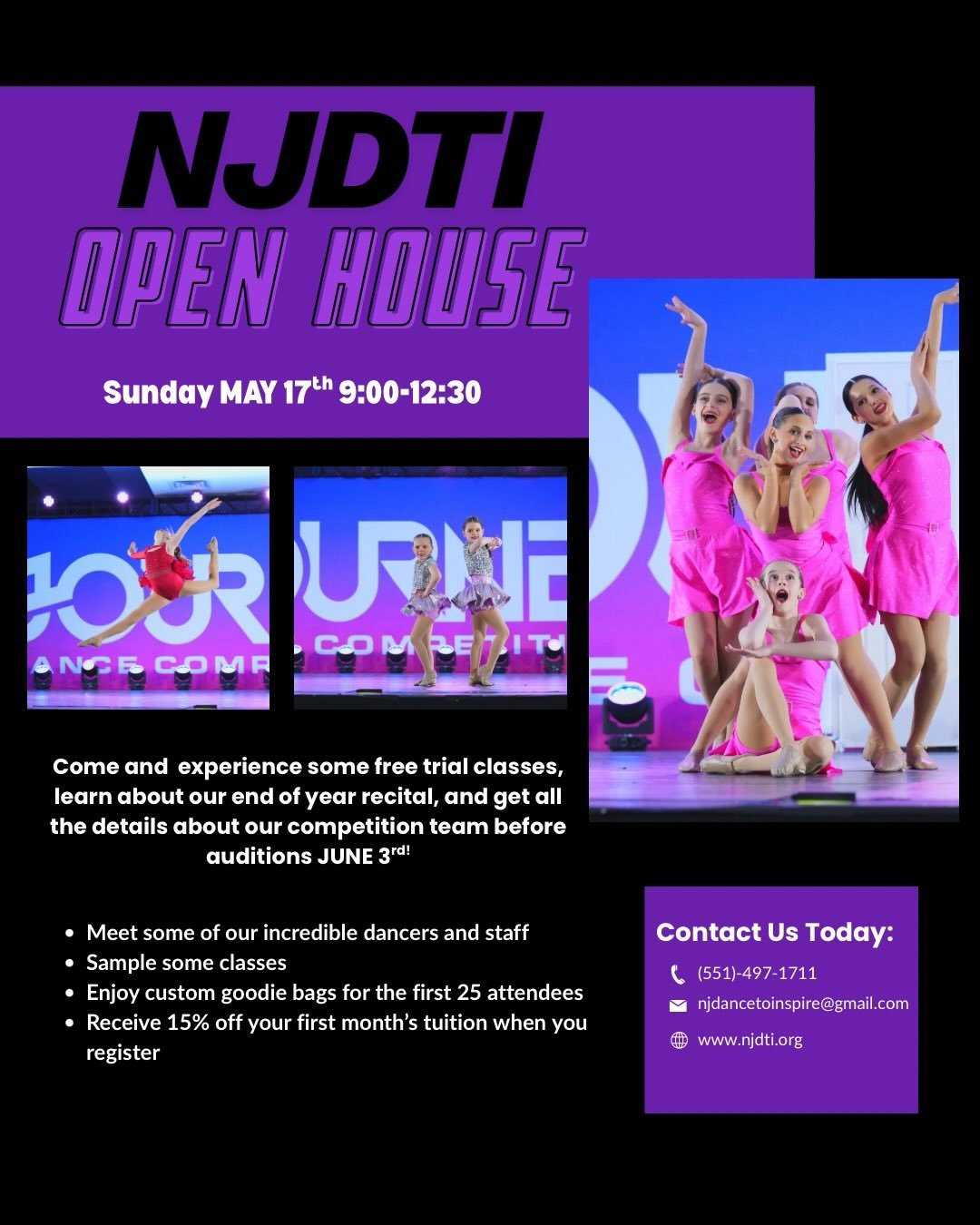 🚨 DON&rsquo;T MISS OUR OPEN HOUSE THIS SUNDAY! 🚨

✨ Come join our dance family at NJ Dance to Inspire ✨

Whether your dancer is looking for a fun recreational class to call home 🩰 or is ready to take the next step toward joining our competition te