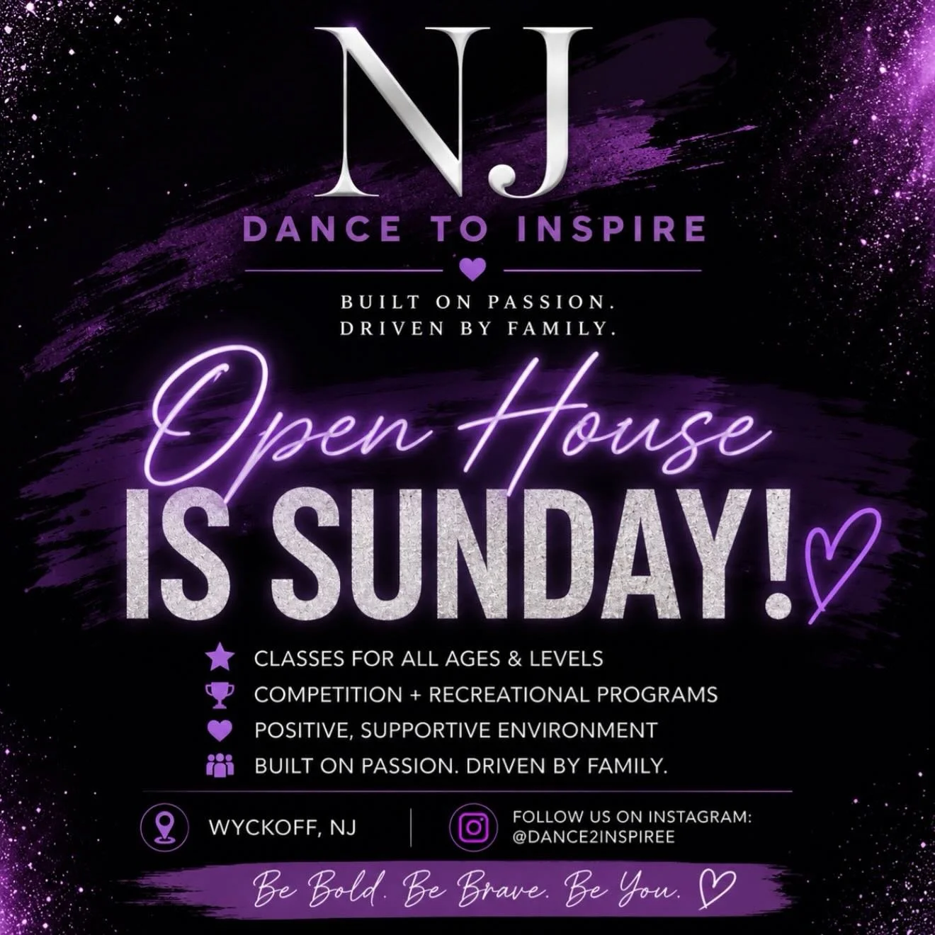 ✨ OPEN HOUSE IS SUNDAY! ✨
Come see what makes NJ Dance To Inspire so special 💜
Whether your dancer is brand new or ready to take the next step, we have a place for them here! Join us for a fun day of meeting our staff, exploring our programs, tourin