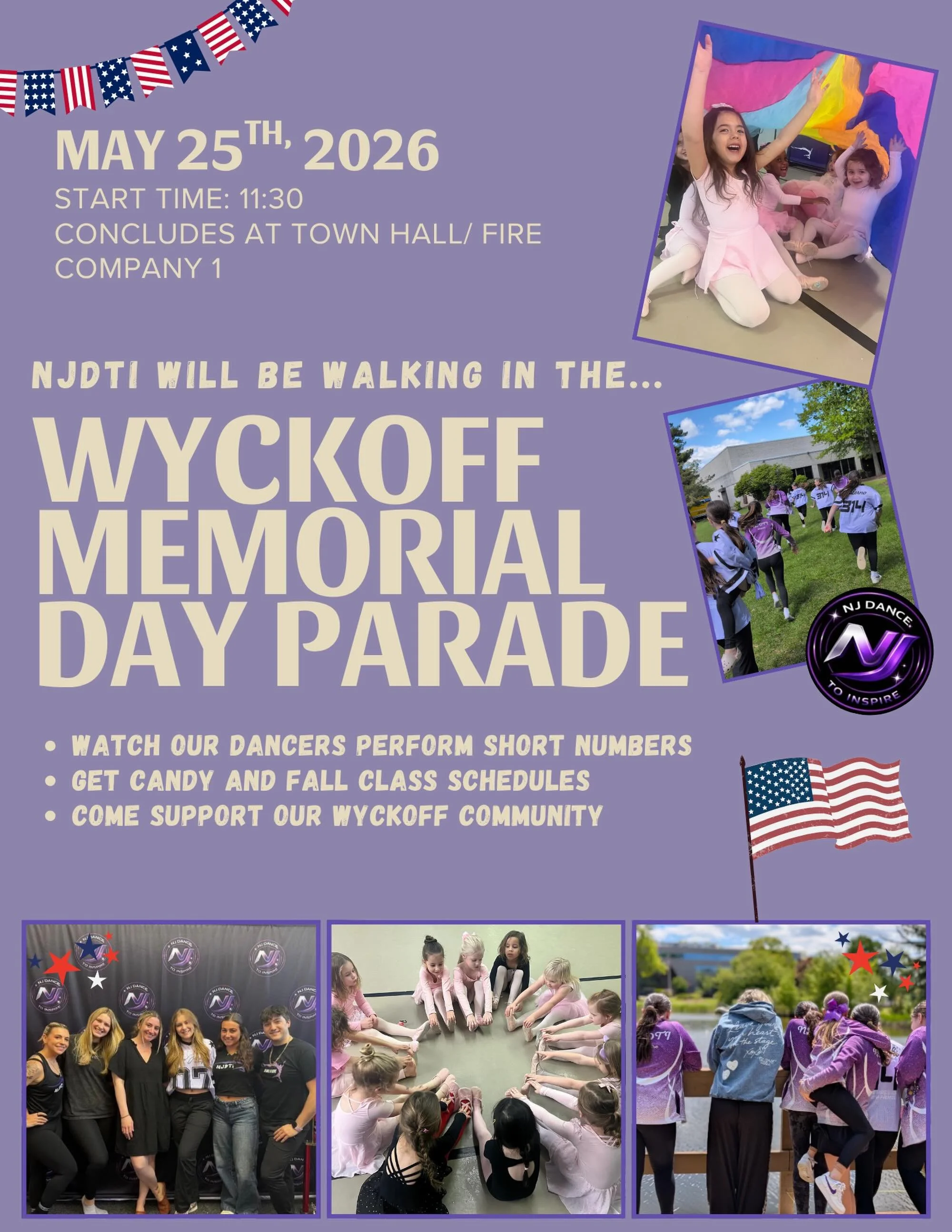 🚨 DON&rsquo;T MISS US AT THE WYCKOFF MEMORIAL DAY PARADE THIS SUNDAY 5/25! 💜✨
Come cheer on our NJ Dance to Inspire family as we march through Wyckoff starting at 11:30 AM! 💜

🎉 Watch our dancers perform short routines
🍬 Grab some candy along th