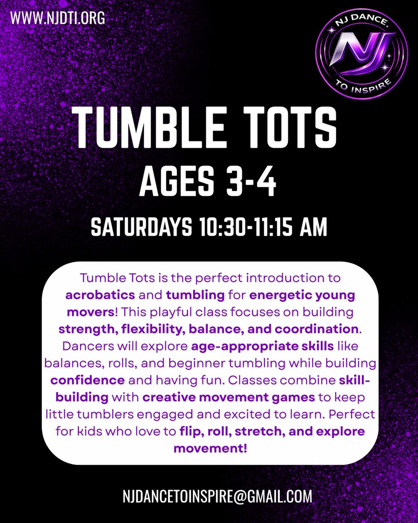 ✨ CLASS SPOTLIGHT SERIES ✨
First up: Tumble Tots 🤸💜

Starting this fall, our newest class for ages 3-4 is the perfect introduction to acro &amp; tumbling for energetic little movers! From rolls and balances to beginner tumbling skills, dancers will