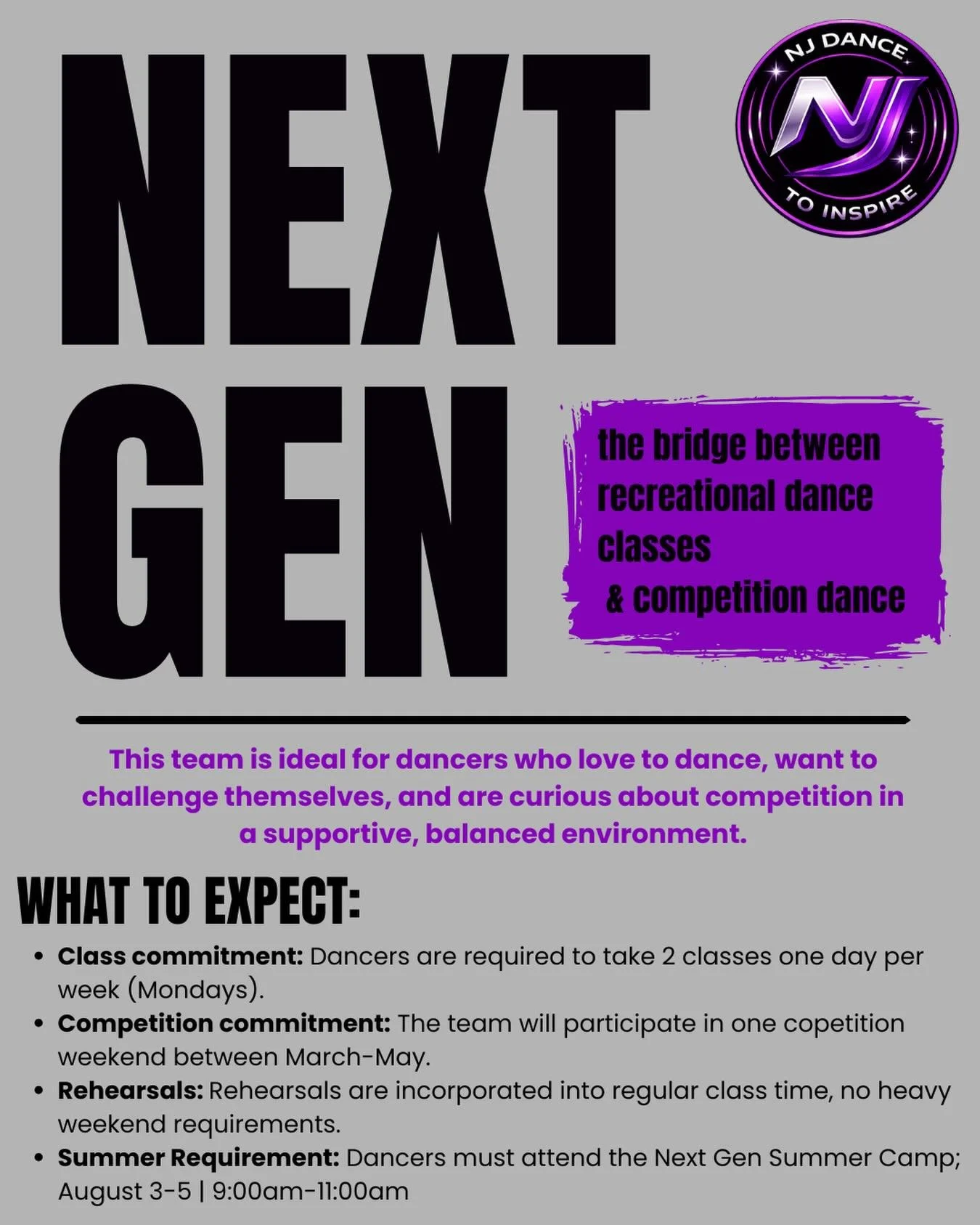 🚨 Only a few spots left on our NEXT GEN Team! 🚨

Starting next fall, NEXT GEN is the perfect bridge between recreational dance and competition dance 💜✨ Designed for dancers who want to grow, challenge themselves, and experience competition in a su