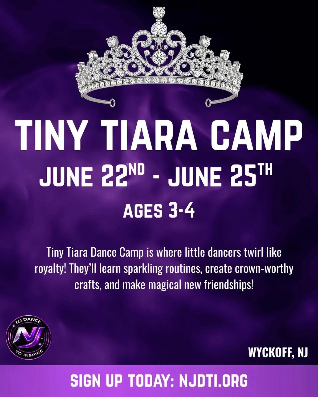 👑 Our very first Tiny Tiara Camp is only a few weeks away, and spots are filling fast!

If your little one loves dancing, dressing up, crafts, and making new friends, this magical camp is the perfect summer adventure. 💜

✨ Ages 3&ndash;4
✨ June 22&