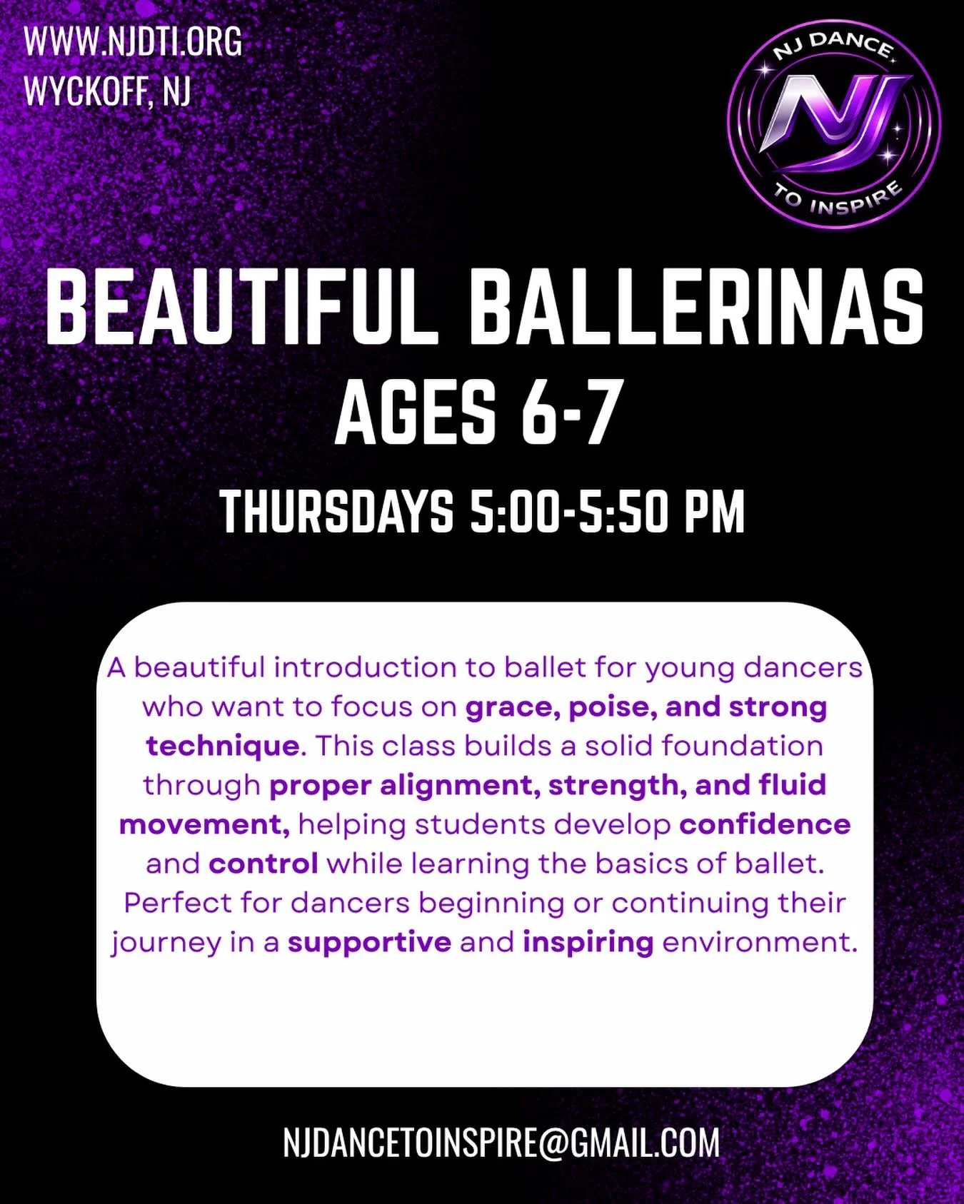 ✨ CLASS SPOTLIGHT SERIES ✨

Meet our Beautiful Ballerinas class! 🩰💜

Designed for dancers ages 6&ndash;7, this class introduces the beauty of ballet while building grace, poise, strength, and proper technique. Students will develop confidence, coor