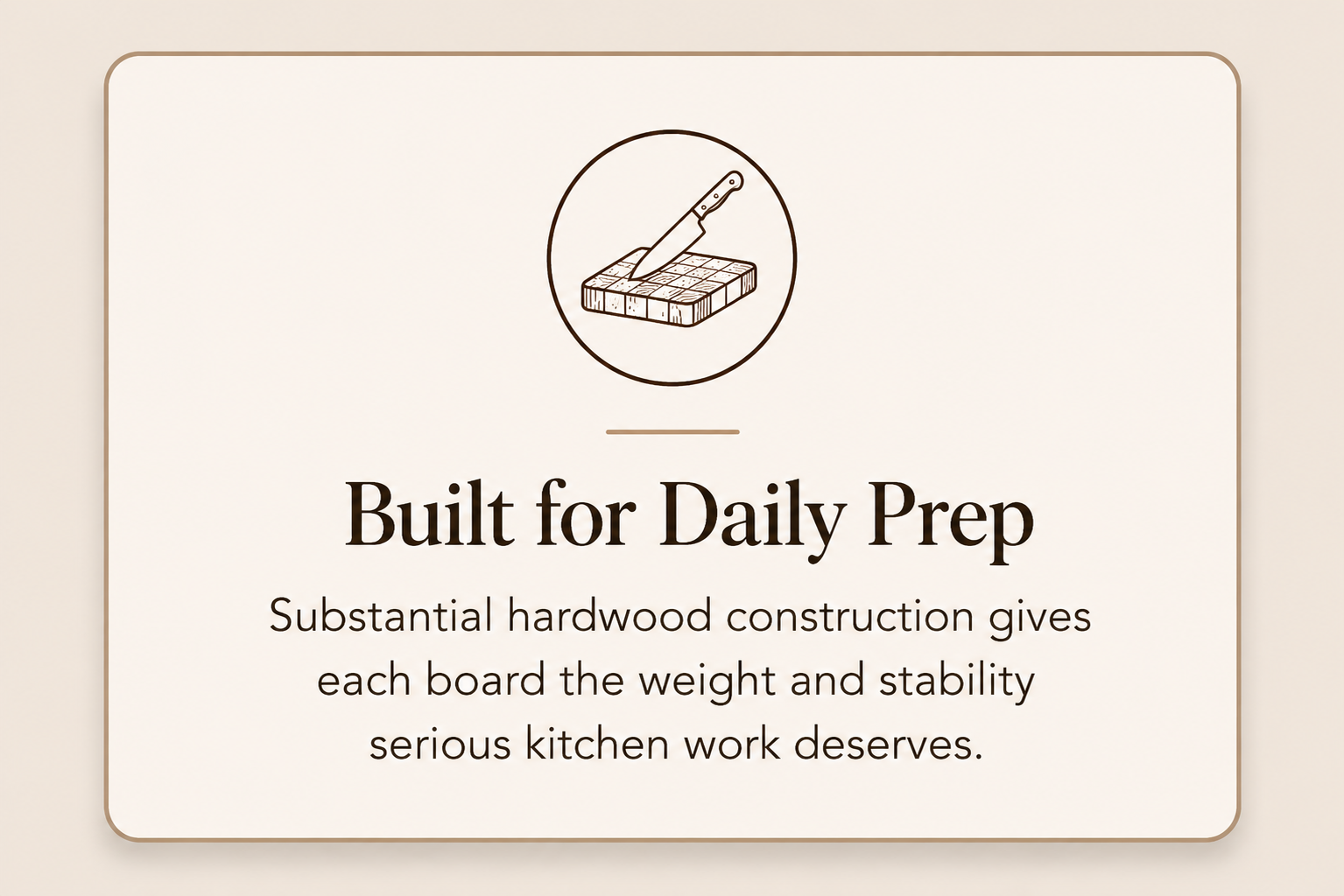 Text on a beige background promoting kitchen prep boards, featuring an illustration of a cutting board with a knife.