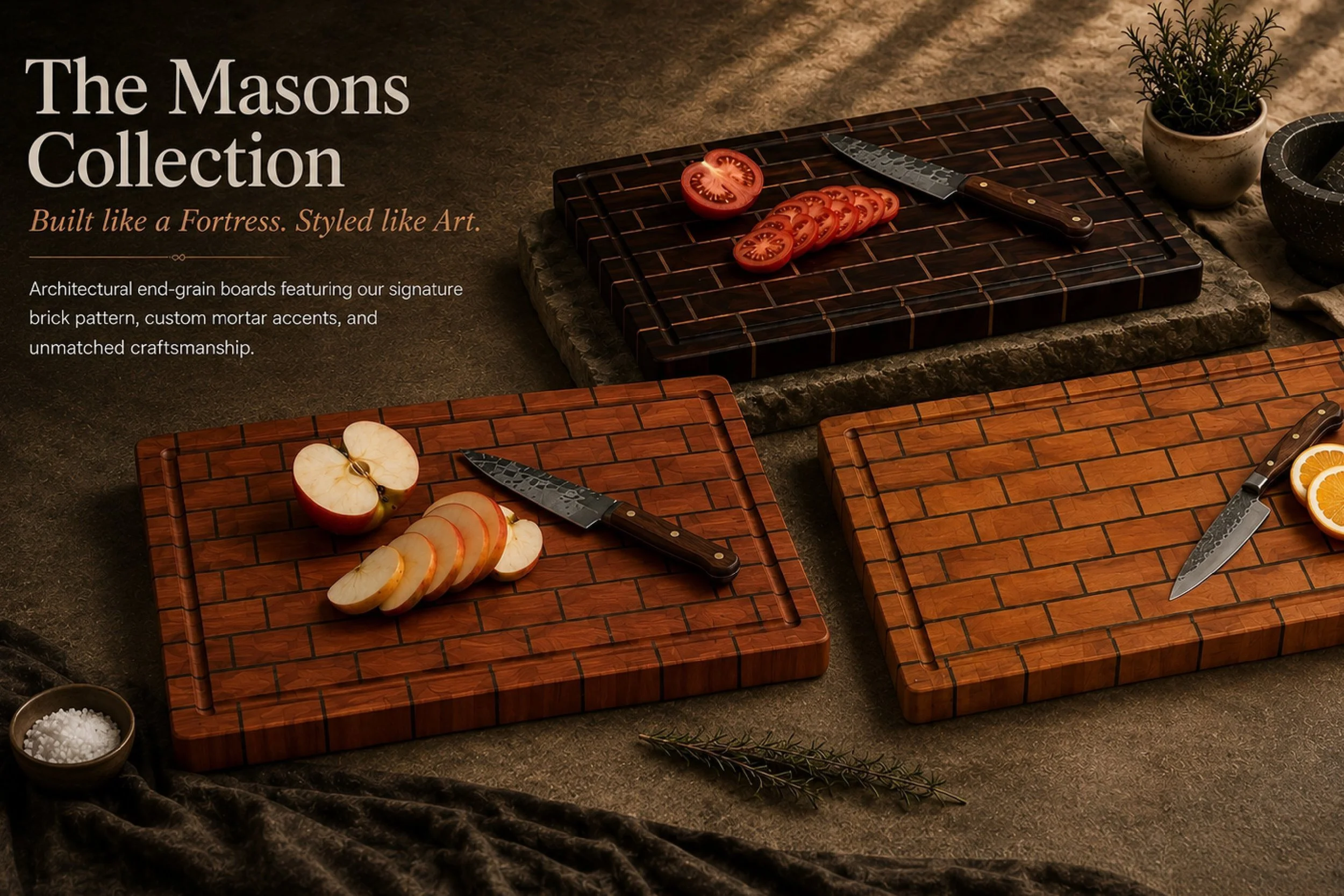Display of wooden cutting boards with brick patterns, some with sliced tomatoes, apples, oranges, and knives on them, set on a dark textured surface with plants and salt bowls nearby.