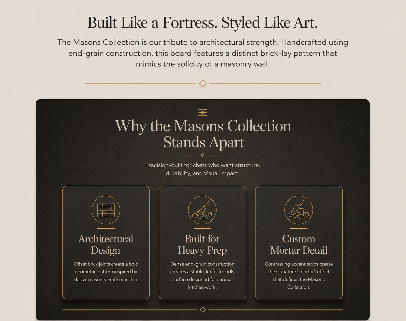 Screenshot of a webpage promoting the Masonry Collection, featuring a black section with three icons and descriptions about architectural design, built for heavy prep, and custom mortar detail.
