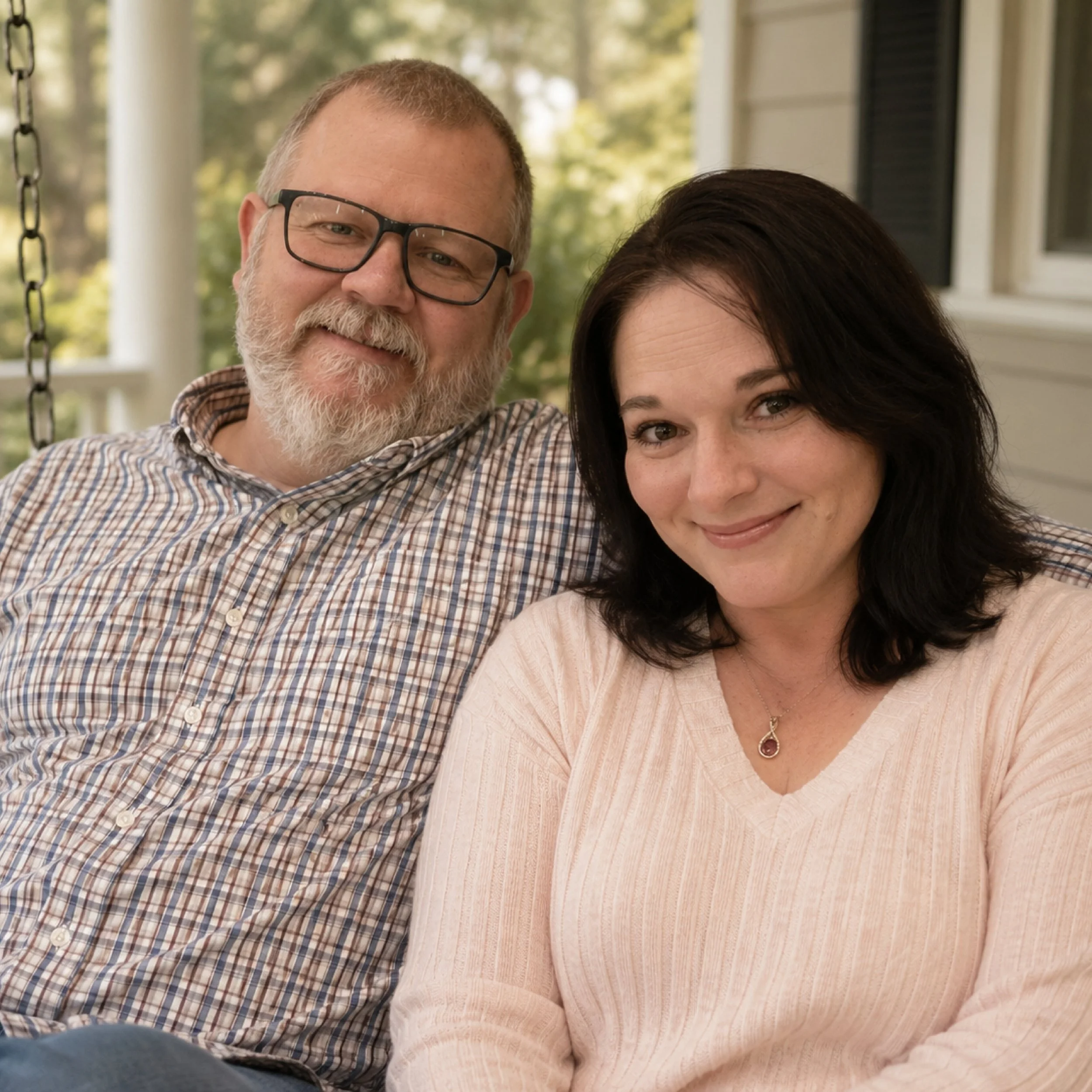 The owner of KG Woodworking is sitting on a porch swing with his wife, who has dark, shoulder-length hair and is wearing a light-colored top and a necklace. They are outside on their porch in Glen St. Mary, Florida.