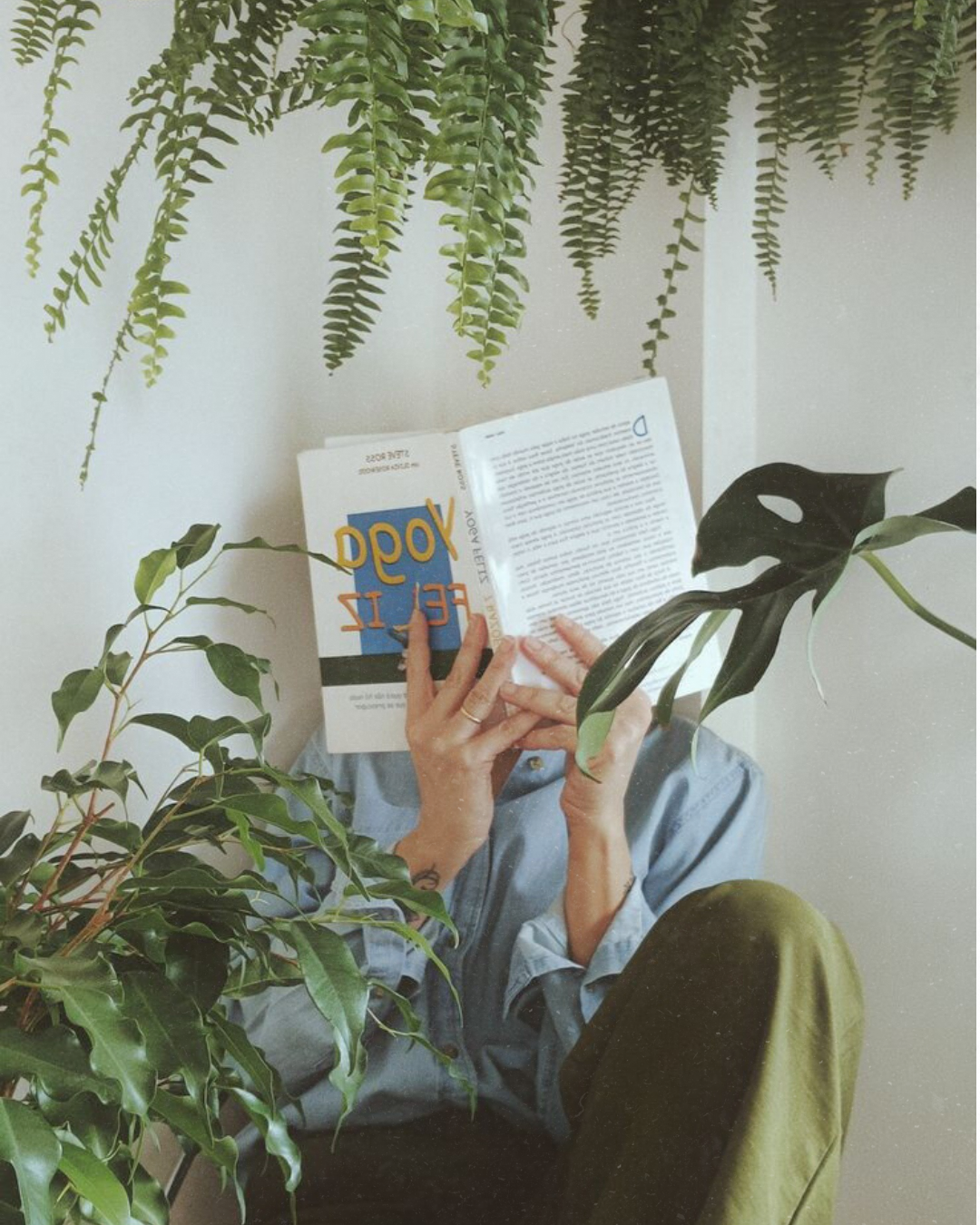 A person sitting among indoor plants, reading a book titled 'YOYA FELIZ' in a cozy, plant-filled space in lincoln park the best apartment co living space in chicago