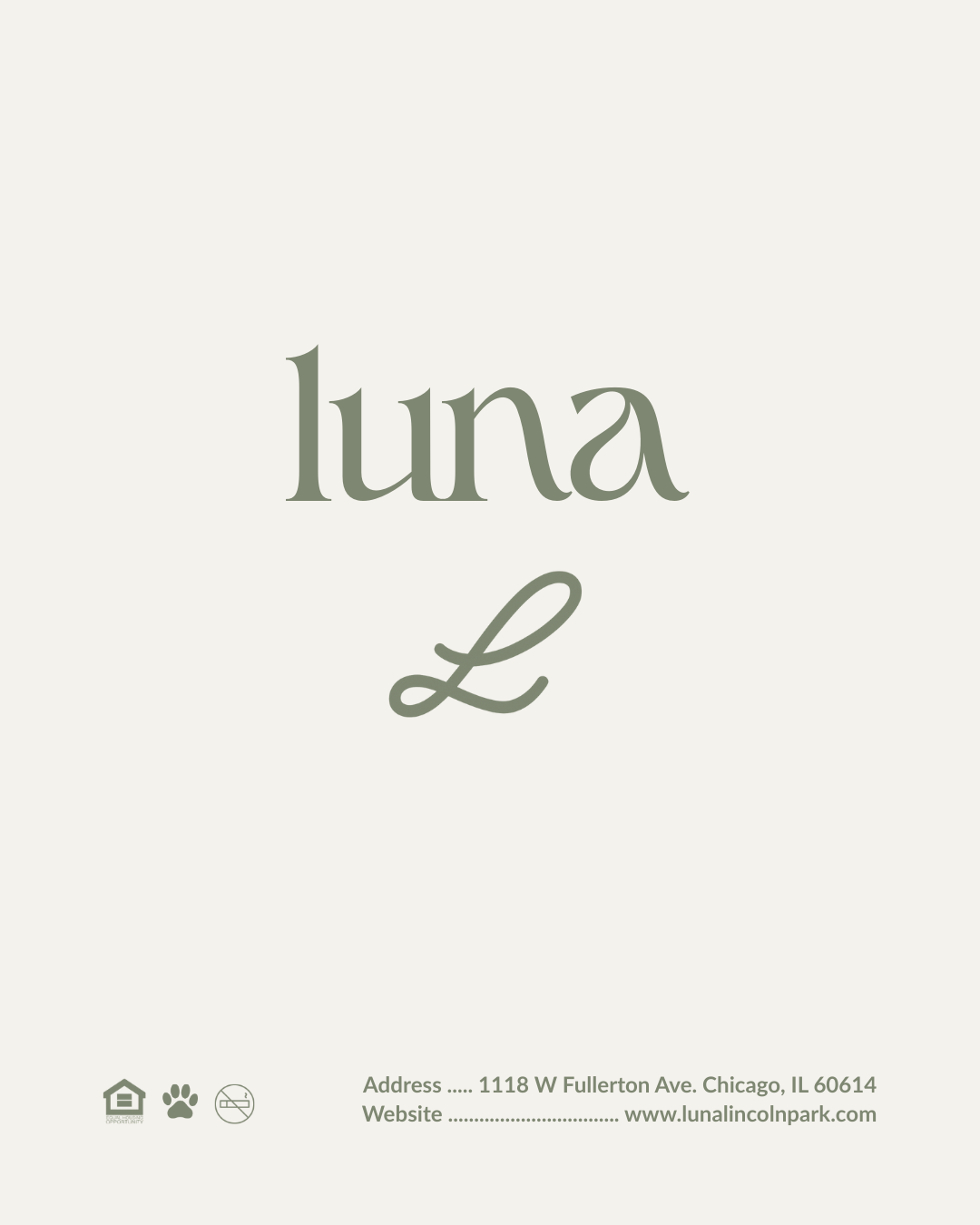 Page with the words "luna L" in large font, and contact information for a location in Chicago, IL at the bottom.