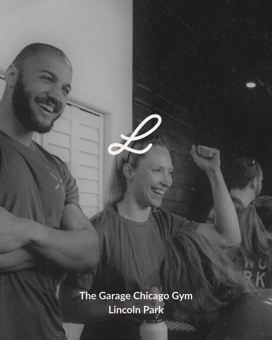 Group of smiling people in a gym, one woman flexing her arm, with text indicating 'The Garage Chicago Gym Lincoln Park'.